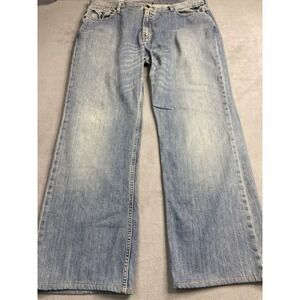 J Peterman Jeans Mens 42X31 Straight Leg Logo Denim Blue Cotton Distress Relaxed